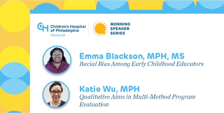 Morning Speaker Series Event Details Graphic with Headshot of Emma Blackson and Katie Wu