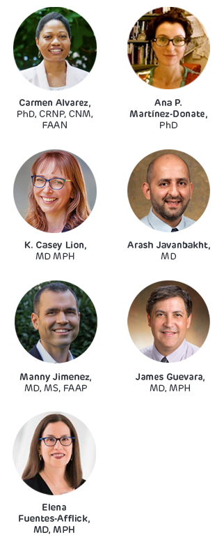 Headshots of MARS Advisors: Carmen Alvarez, Ana P. Martinez-Donate, K. Casey Lion, Arash Javanbakht, Manny Jimenez, James Guevara, and Elena Fuentes-Afflick